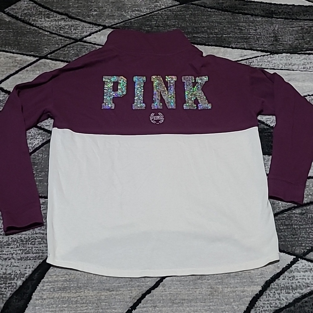 VS PINK 2016 SILVER IRIDESCENT SEQUINS SILVER SHINE LOGO QUARTER-ZIP SWE…